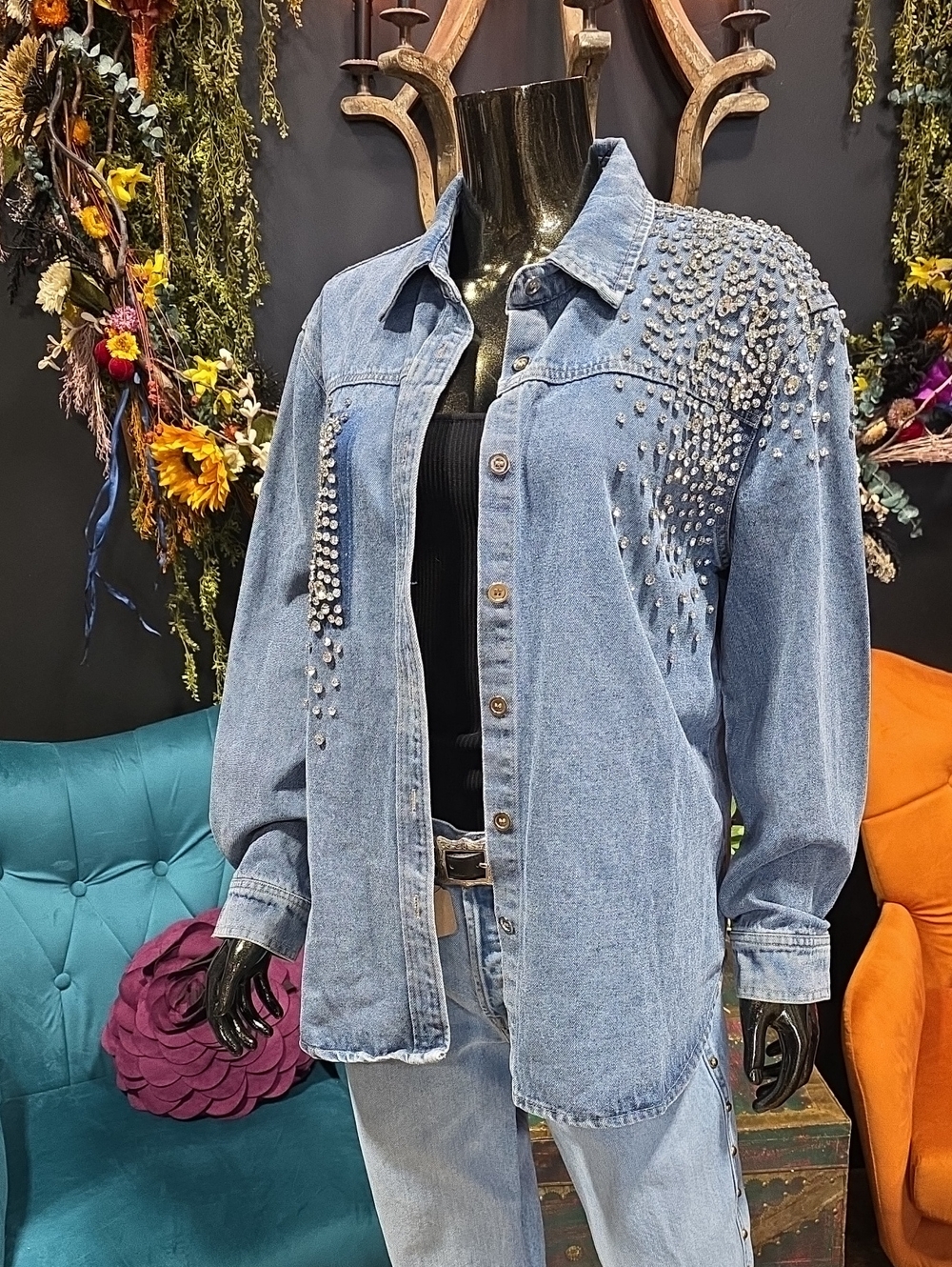 Lizette Crystal-Embellished Denim Button-Down Shirt / Shacket